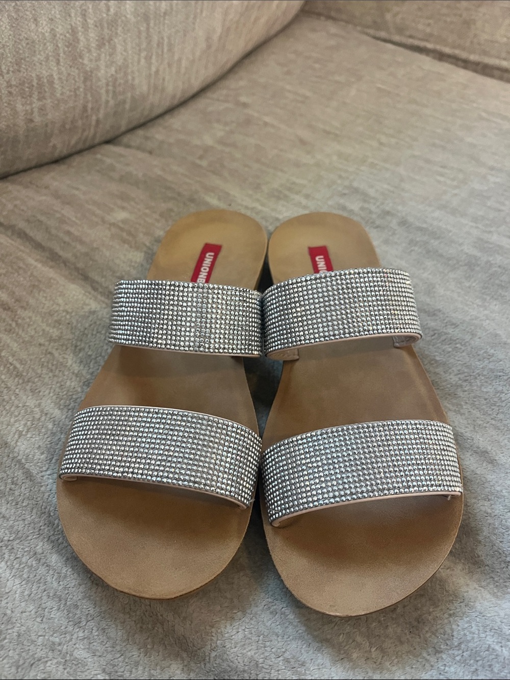 UNIONBAY Silver Crystal Double-Band Slide Sandals